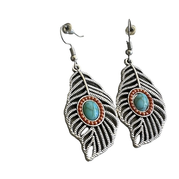 Silver and Turquoise Cut Metal Feather Earrings - Picture 2 of 5